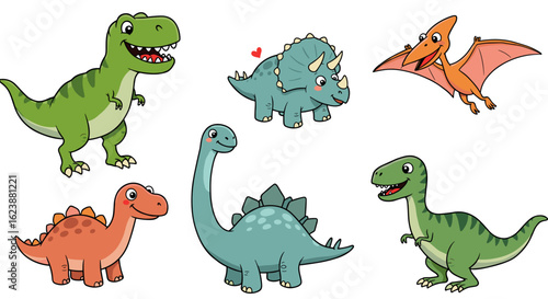 Illustration featuring a collection of cartoon dinosaurs including t rex triceratops and stegosaurus