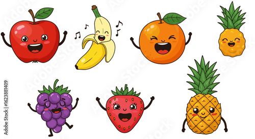 Illustration of various cartoon fruits including apple, banana, orange, pineapple, grapes, and strawberry