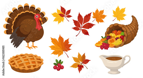 Illustration of thanksgiving elements including a turkey pie leaves cornucopia and gravy boat design