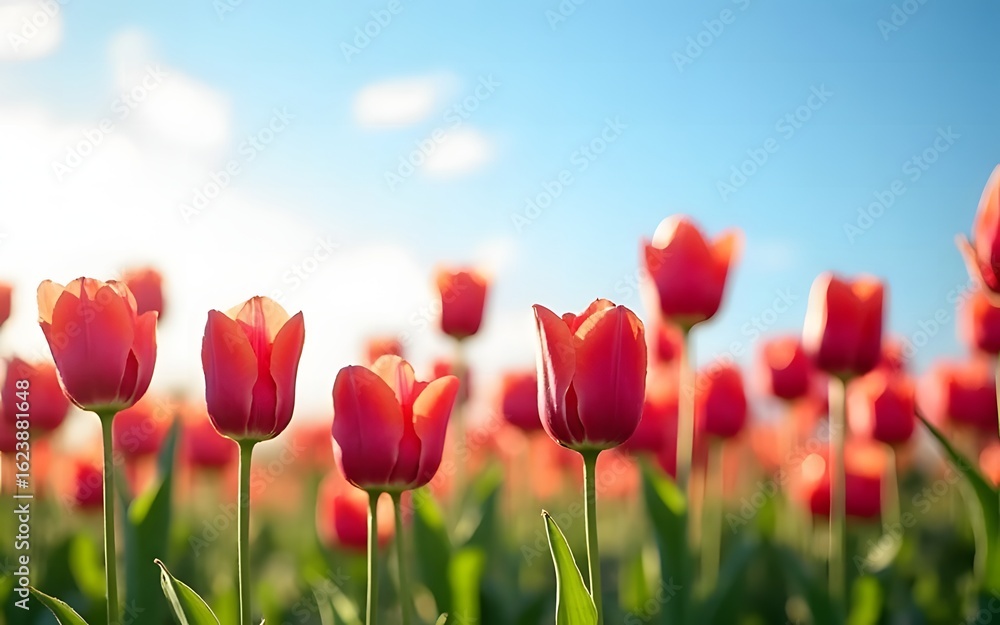 Obraz premium A vibrant field of red tulips sways gently beneath a bright blue sky, celebrating the beauty of sp and the promise of a warm and sunny day ahead.