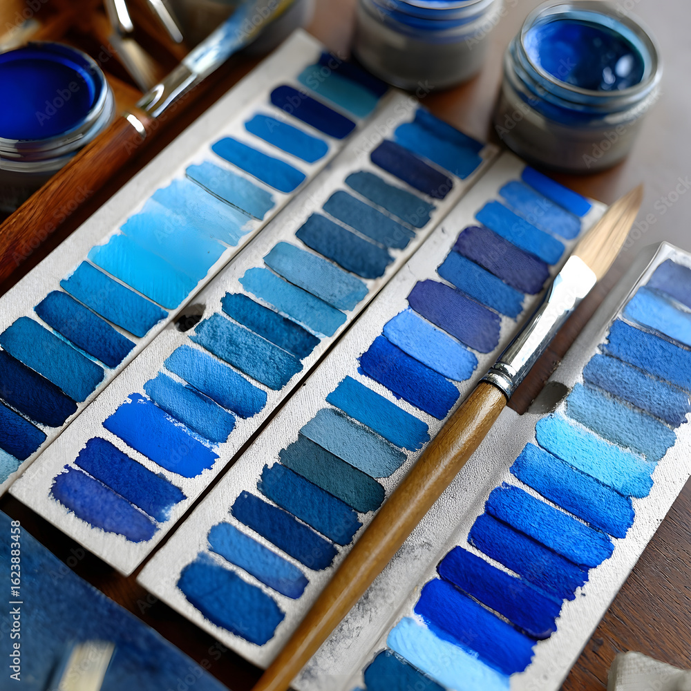 Naklejka premium Various shades of blue paint swatches are neatly arranged on a wooden surface alongside a paintbrush and containers filled with vibrant blue paints, showcasing artistic creativity