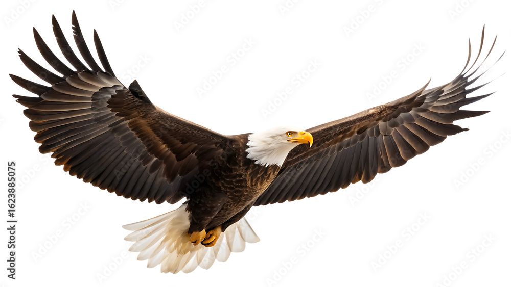 Obraz premium flying bald eagle isolated on transparent background. white and brown predator hunter bird animal flight with spread wings american raptor hawk nature wildlife freedom hunting for prey