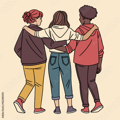 Continuous line drawing of diverse teens standing together, arms around each other, back view, unity, friendship, International Youth Day illustration.
