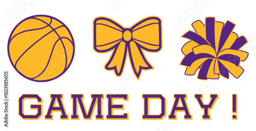 Cheerleading Game Day illustration, Purple and Yellow pom-poms, bow and a Basketball. Vector cheerleading illustration.
