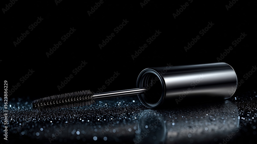Fototapeta premium Premium mascara tube curved brush on reflective black surface glowing light highlight professional cosmetic packaging detail