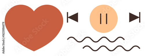 Red heart, play buttons, pause icon, and wavy lines combine to express love, music, balance, and relaxation. Ideal for music, self-care meditation wellness relationships creativity simple flat