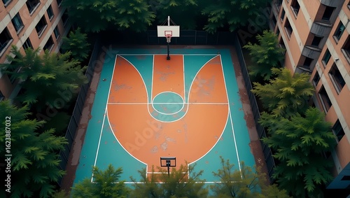 A perfect top-down drone shot of an old, weathered basketball court hidden in a dense urban courtyard