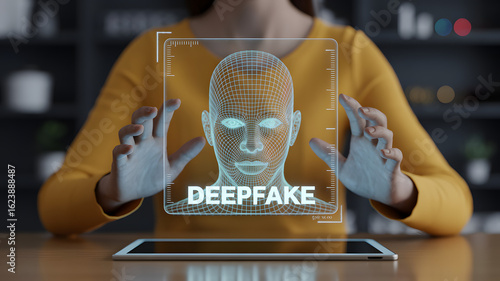 Woman interacting with digital deepfake face technology on tablet screen