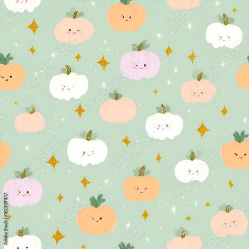 Pastel Pumpkins and Stars: A cheerful seamless pattern of cute pumpkins with sweet expressions and sparkling stars.
