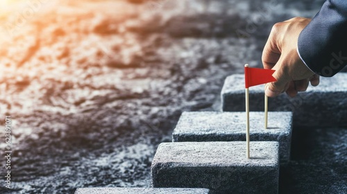 Businessperson placing red flag on stepping stones, construction site background