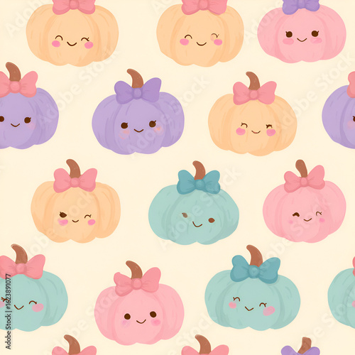 Cute pastel pumpkins with bows and sweet smiles in a repeating pattern on a light background.