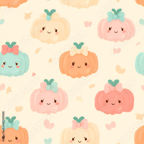 Cute pumpkin pattern with pastel colors and happy faces, perfect for autumn and Halloween designs.