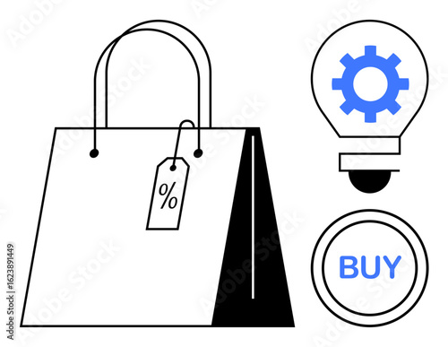 Shopping bag with percentage tag, gear inside lightbulb symbolizing innovation, buy button. Ideal for e-commerce, marketing, retail, technology, innovation online shopping business. Simple flat