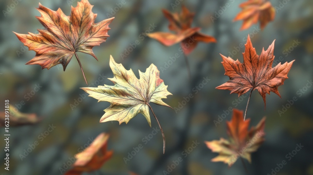 Autumn leaves floating in the breeze, blurred forest background Autumn leaves floating in the breeze, blurred forest background