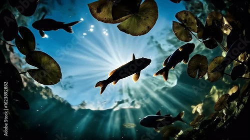 Underwater View of Dark Silhouetted Fish Swimming in a Pond with Bright Sunlight Shining Through Lily Pads and Ripples