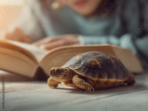Cozy Home Scene: Turtle Reading Book Close-Up - Perfect Nature-Inspired Decor for Pet Lovers