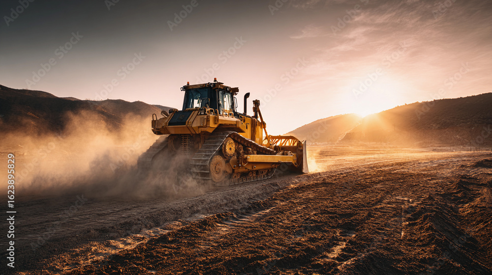 Fototapeta premium Bulldozer grading land at sunset in rural construction site