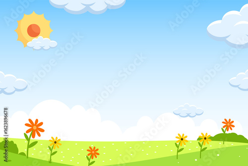 A bright cartoon landscape of a sunny day with a green field and flowers background.