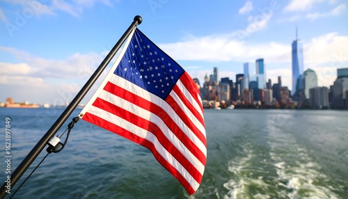 American flag waving over New York City skyline