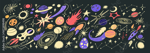 Cosmic Doodle Illustration: Planets, Stars, Rockets, and Space Elements