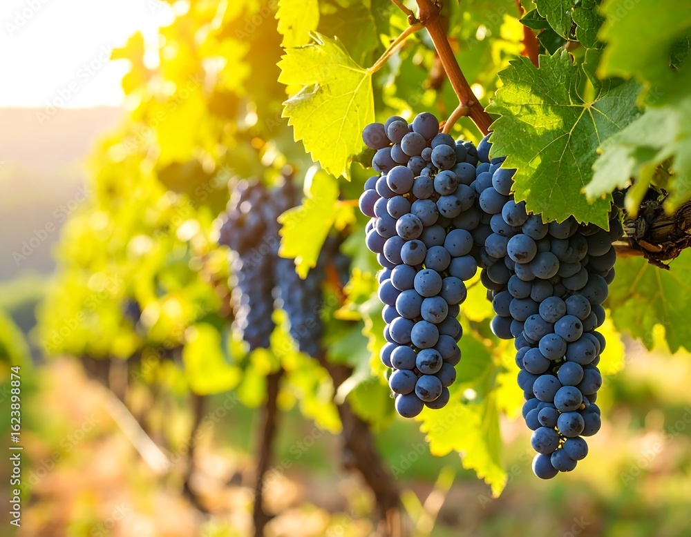 Fototapeta premium Clusters of ripe grapes hanging from vines in a vineyard at sunset