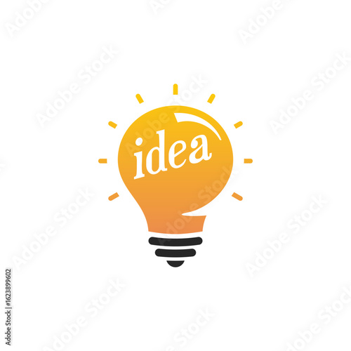 New idea symbol, flat bright cartoon bulb. Idea icon, circle logo, Stylized sign of vector lightbulbs, white and orange color logotype