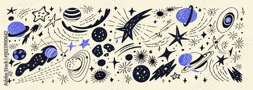 Hand-Drawn Space Planets Stars Galaxy Doodle Pattern