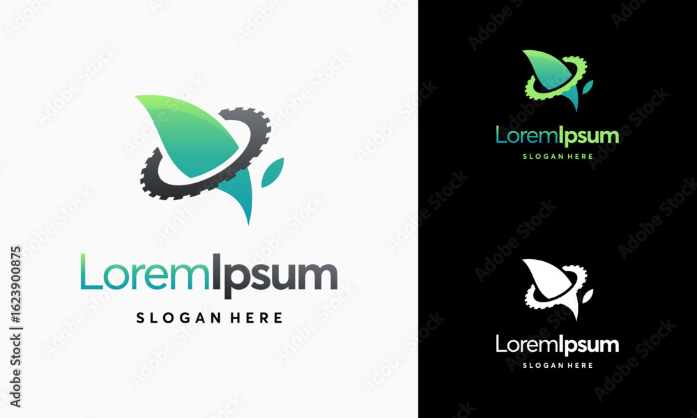 Obraz premium Modern nature technology logo, leaf and gear machine vector, Agriculture logo template icon, Green Eco Tech Logo Template Design Vector, Nature Industry