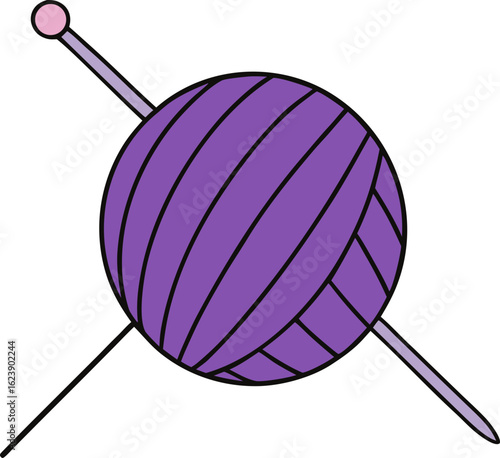 Purple yarn ball with knitting needle isolated on transparent background