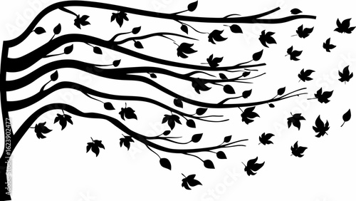 Silhouette of a tree with branches and leaves blowing in the wind on a white background vector art