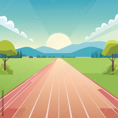 Red Running Track with White Lane Lines – Athletic Field Scene with Natural Lighting and Clear Markings