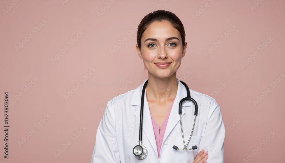 Female doctor smiling with stethoscope in medical coat indoors Female doctor smiling with stethoscope in medical coat indoors