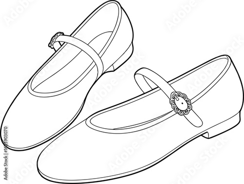 Mary Jane shoes, elegant footwear illustration, children’s fashion design, shoe catalog sketch, stylish strap shoes, vector drawing, creative art