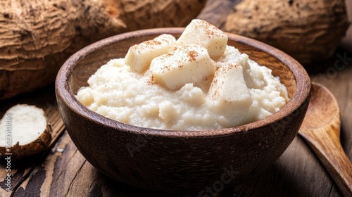 Creamy cassava mash in wooden bowl, with yuca roots in background