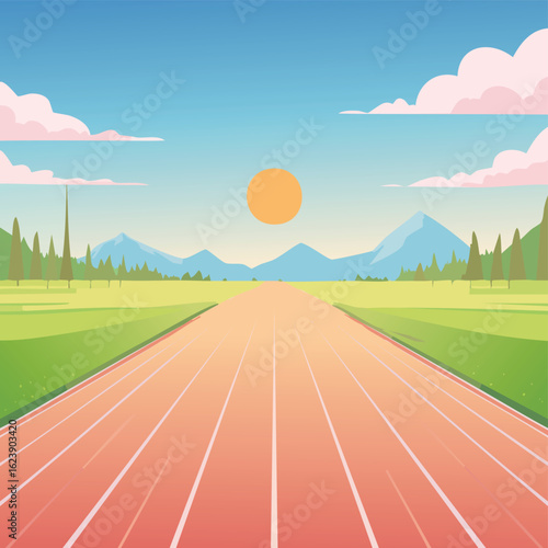 Red Running Track with White Lane Lines – Athletic Field Scene with Natural Lighting and Clear Markings