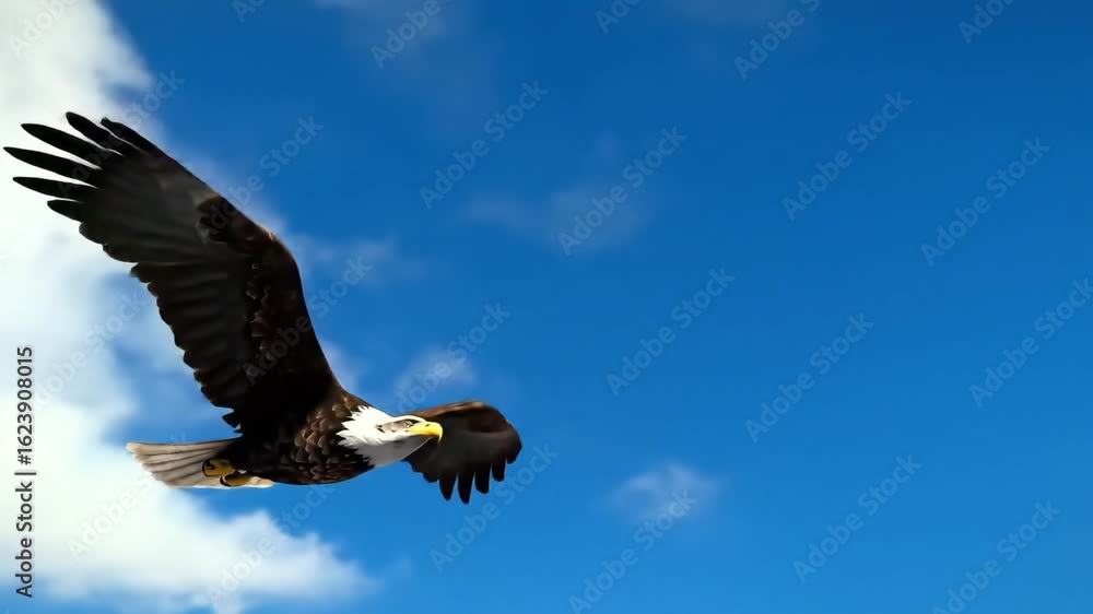 A bald eagle soars gracefully through a vibrant blue sky dotted with fluffy white clouds above A bald eagle soars gracefully through a vibrant blue sky dotted with fluffy white clouds above