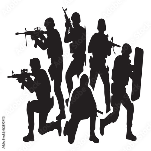 Silhouette illustration of a special forces team in tactical gear, armed with rifles and a shield, ready for combat and isolated on white background