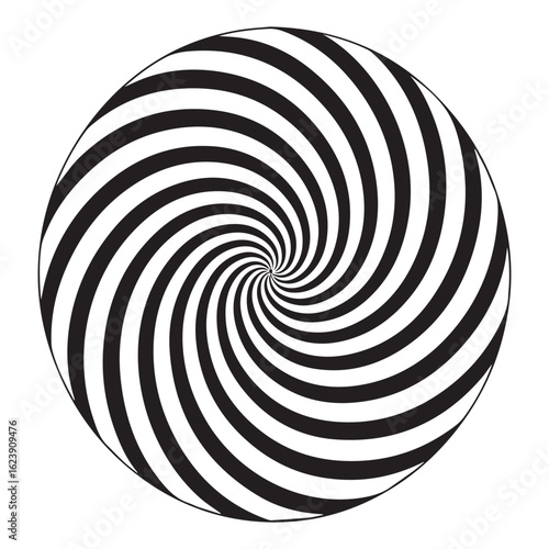 Abstract hypnotic spiral illustration with optical illusion effect, featuring a swirling vortex pattern in black and white, isolated on white background, creating a mesmerizing design