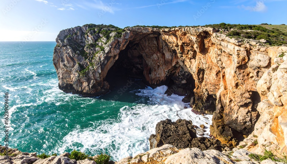 Obraz premium Coastal cave with crashing waves