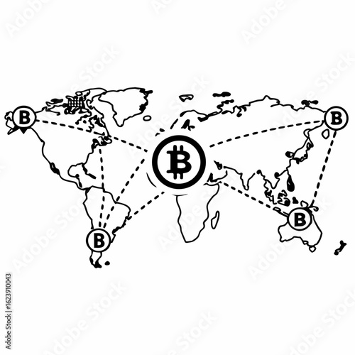 Global Bitcoin Network - Worldwide Cryptocurrency and Blockchain Connection Vector Icon