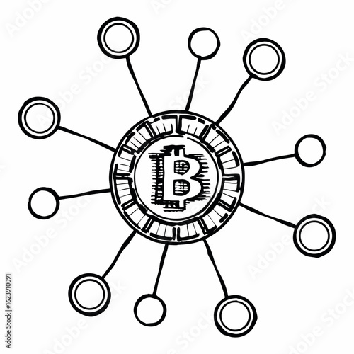 Bitcoin Decentralized Network - Cryptocurrency and Blockchain Connection Vector Icon