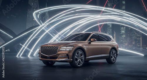 A 2025 Genesis GV90 Concept SUV, in a unique bronze finish, parked under a dramatic light sculpture, futuristic art