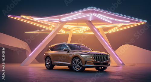 A 2025 Genesis GV90 Concept SUV, in a unique bronze finish, parked under a dramatic light sculpture, futuristic art