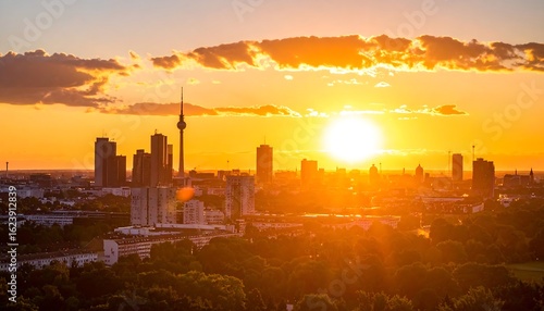 City skyline at sunset, golden hour