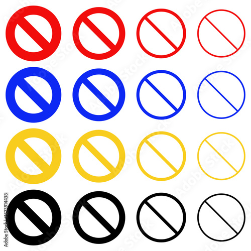 Set of vector no symbol icons in red, blue, yellow, and black with varying stroke weights and multiple style variants, designed for interface navigation and restriction indicators.