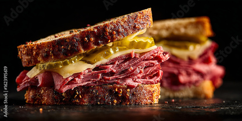 Montreal smoked meat sandwich canadian food on dark background