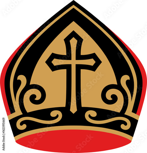 Gold and Red Bishop Mitre Vector with Cross and Ornamental Details – Catholic Religious Headwear Illustration