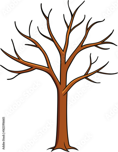 Stylized bare tree with brown trunk and orange branches isolated on transparent background