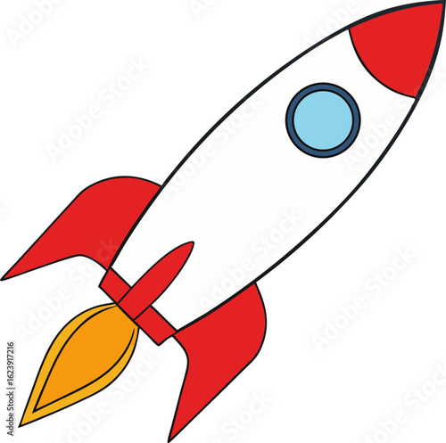 Cartoon rocket ship with red fins and flame isolated on transparent background