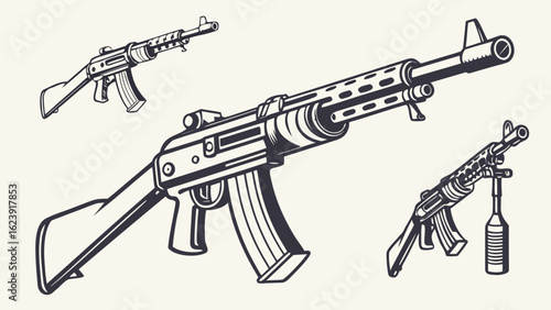 Three assault rifles black outline